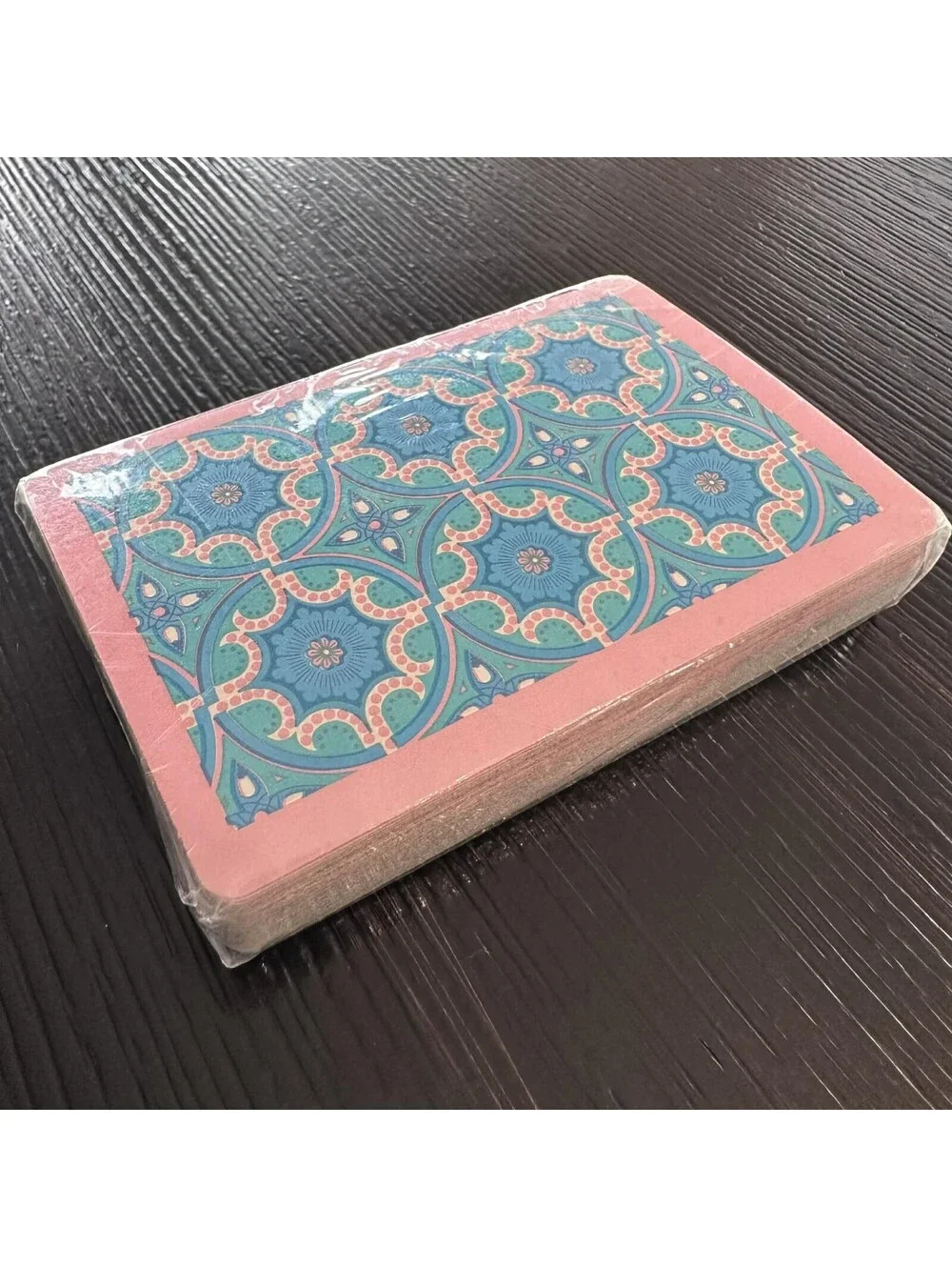 Vintage Harlequin Joker Plastic Coated Playing Cards Pink Blue Geometric Back